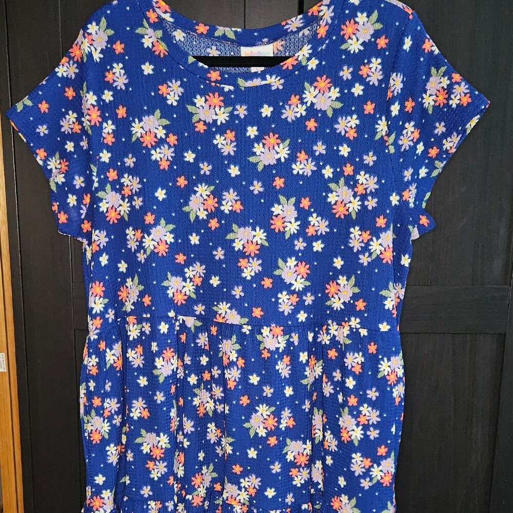 LuLaRoe Blue Floral Midi Dress with Pink & White Flowers